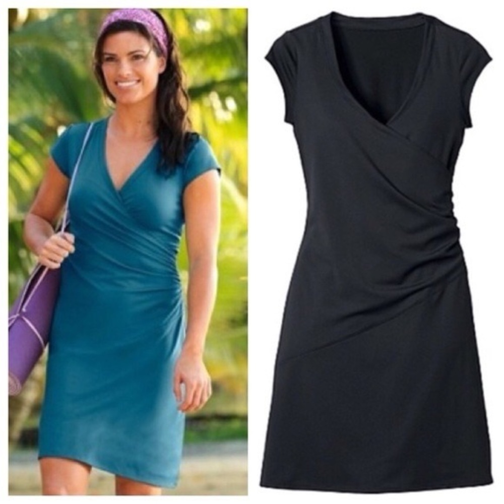 Athleta Black Wrap-Front Cap-Sleeve Dress